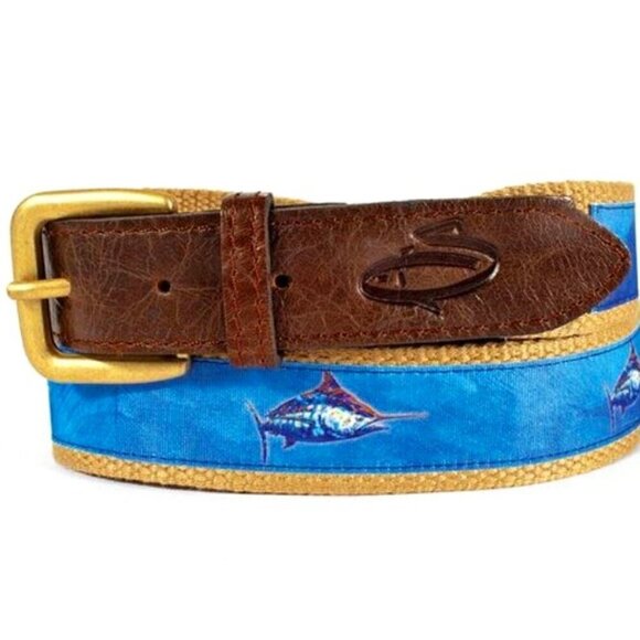 PREPPY! Nautical MARLIN Fish Ribbon Golf Belts LEVELWEAR ~ Cotton & 100% Leather - Picture 1 of 1